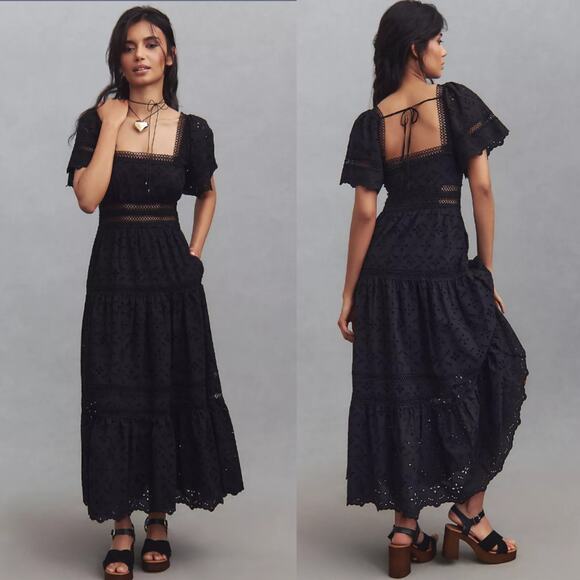 Anthropologie Dresses & Skirts - EUC Anthropologie Maeve Violetta Black Eyelet Midi Dress - Medium